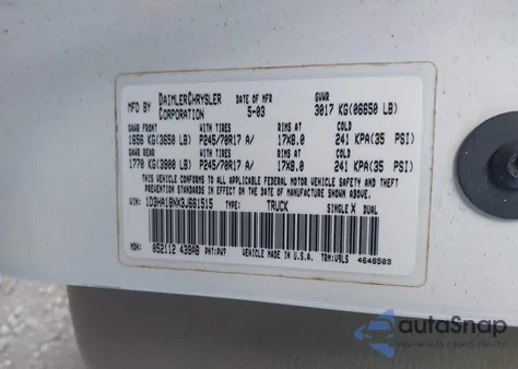 2003 Dodge Ram 1500 St/Slt z USA, uszkodzony, nr VIN 1D3HA18NX3J661515